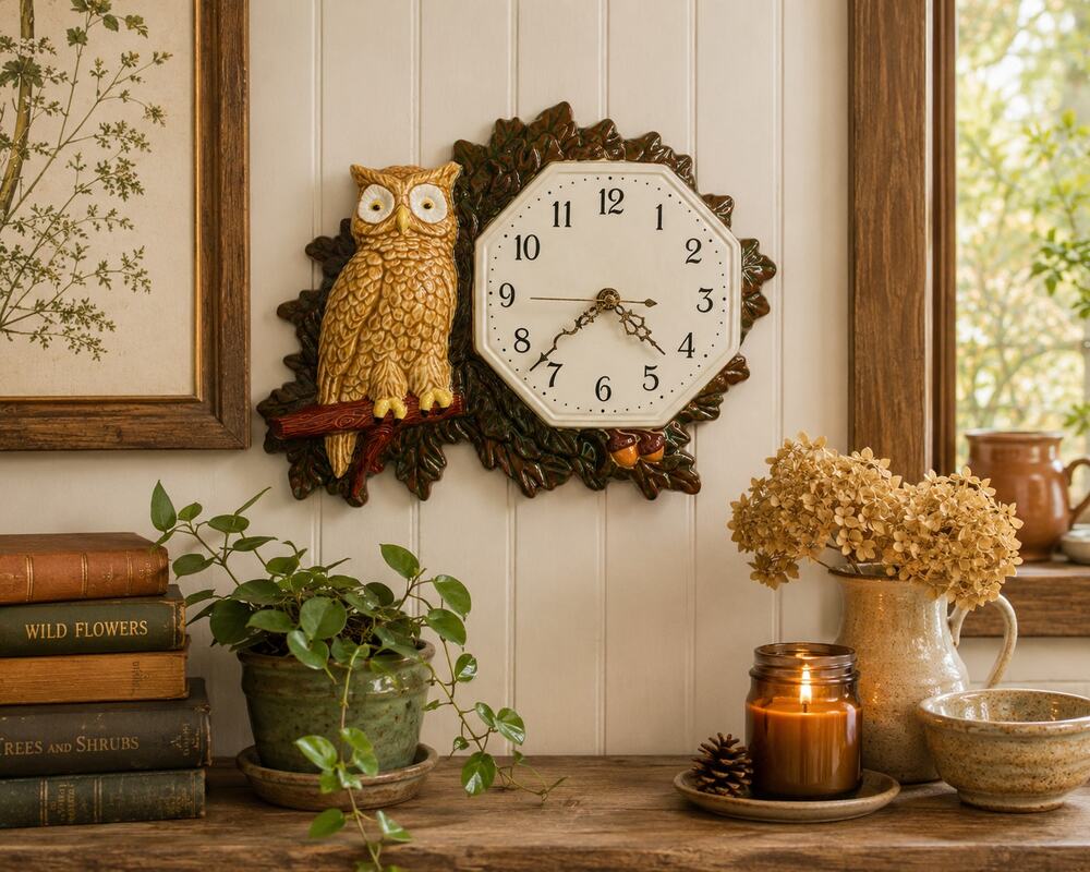 Vintage 1979 Cramer Ceramic Owl Wall Clock Woodland Kitchen Decor